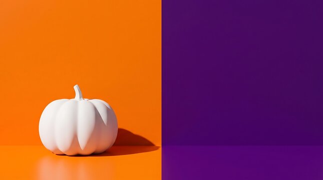 Minimalist Pure White 3D Pumpkin on Vibrant Orange and Purple Split Background