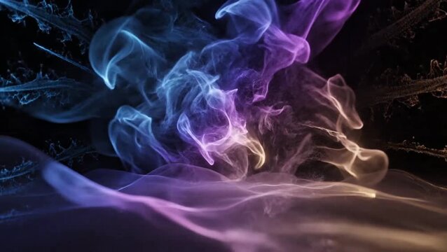 Abstract background with swirling colorful smoke plumes on a dark black background.