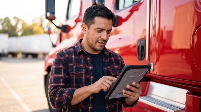 Truck driver uses a tablet beside a red commercial vehicle while managing a modern freight route, in a modern professional workplace