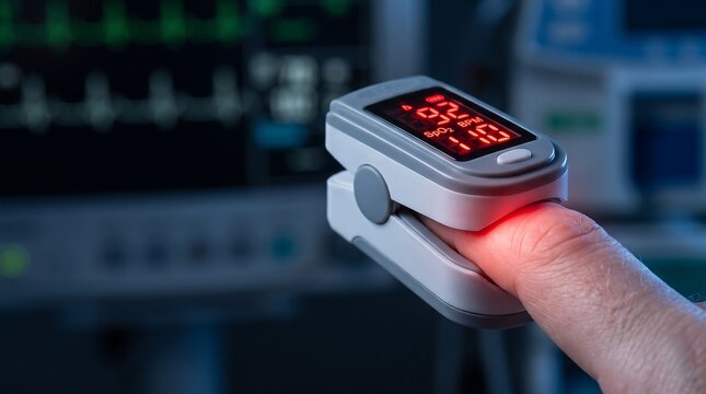 Patient finger wearing pulse oximeter with glowing red numbers in dark hospital room during emergency monitoring for medical