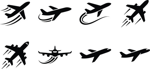 Fototapeta premium Airplane vector icons collection featuring passenger aircraft silhouettes, curved flight trails, aviation travel symbols, jet planes, and black transportation graphics