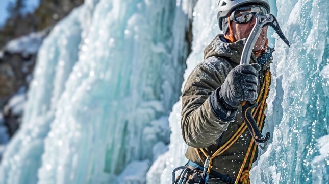 Ice climber drives an axe into a frozen waterfall during a demanding vertical winter ascent, with atmospheric depth and seasonal color