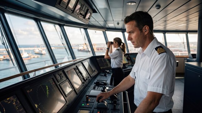 Cruise ship officers operate navigation controls on the bridge while approaching a busy harbor, in a modern professional workplace
