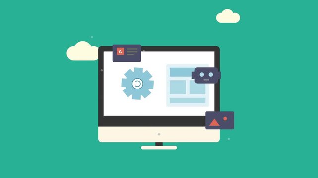 Flat illustration of a computer monitor with gear and robot icons for web development and digital interface design motion render concept
