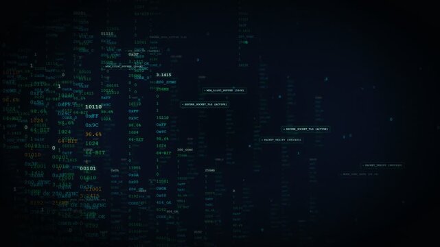 Futuristic abstract digital technology data stream with computer code binary numbers and glowing cyberspace information network