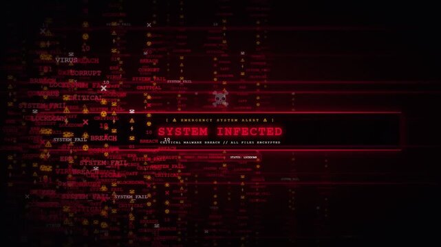 Computer screen displaying a red system infected alert message with glitch effect and digital code background representing a cyber attack and malware threat