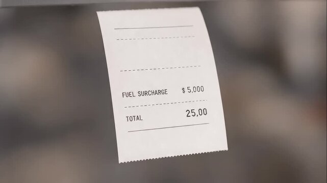 Close up of a receipt showing fuel surcharge and total amount with blurred background