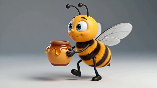 Cheerful yellow and black cartoon bee carrying a small golden honey pot while walking across a simple gray background. Adorable 3D animated character with big expressive eyes, transparent wings and pl