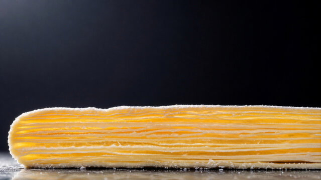 Laminated pastry dough layers cross section macro on dark glass