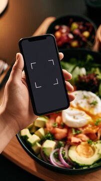 Hand holding smartphone scanning healthy meal with salmon, avocado, and poached eggs for nutrition tracking