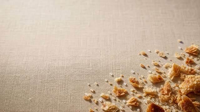 Pie crust crumbs macro on oatmeal linen background with copy space