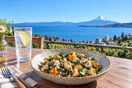 Authentic Chilean Digue&ntilde;e Mushroom Salad with Sparkling Lemon Water and Lake and Volcano Views in Puerto Varas
