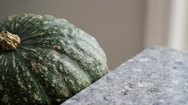 Mottled kabocha squash skin texture macro on grey stone background