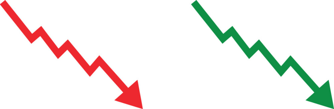 Red and green zigzag arrows pointing down showing market decline and business loss concept