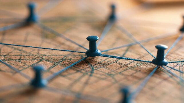 Close-up of blue pushpins connected by blue string on a map, illustrating network and connection concepts.
