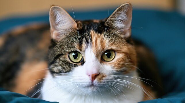 Close-up portrait of a beautiful calico cat with striking green eyes resting on a teal textured surface