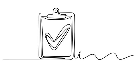 Continuous line drawing of a clipboard with a check mark icon isolated on transparent background © Vabna