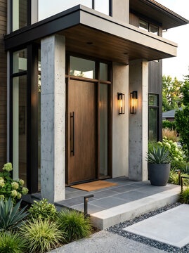 Modern house entrance with a wooden door and concrete pillars