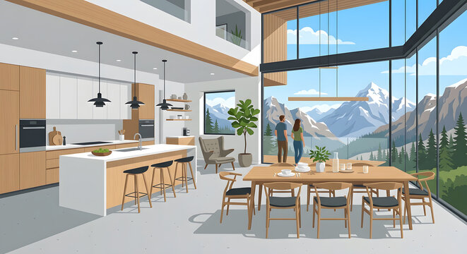 Modern open plan cabin kitchen and dining with mountain view