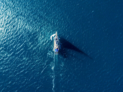 Sailboat cruising on sparkling open water under a bright, sunny sky, aerial drone view. White yacht sailing smoothly across the deep blue sea. Boat navigating calm waters in summer. Sailing vessel.