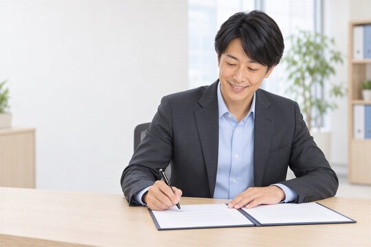 オフィスで契約書に署名する日本人ビジネスマン