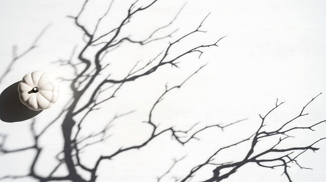 Minimalist White Pumpkin on White Table with Dramatic Branch Shadows for Presentation
