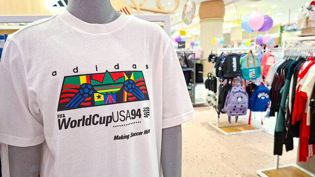 Adidas FIFA World Cup USA 94 tshirt displayed on mannequin inside shopping mall retail store on October 6, 2026 in Bangkok, Thailand.