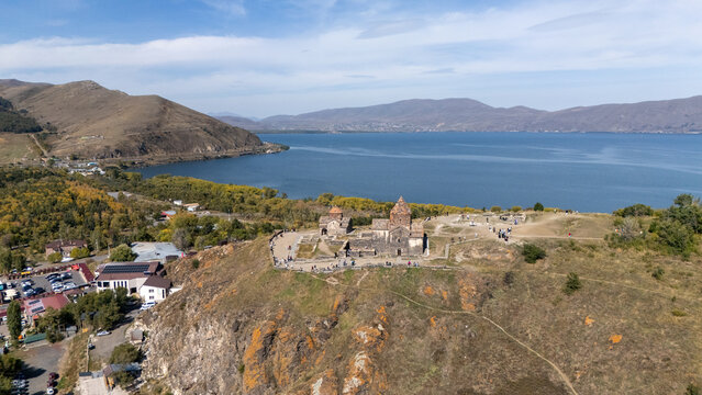 Sevan Lake and Sevanavank oldest church. Mountains country Armenia. Aerial view from above by drone. Stock Photo