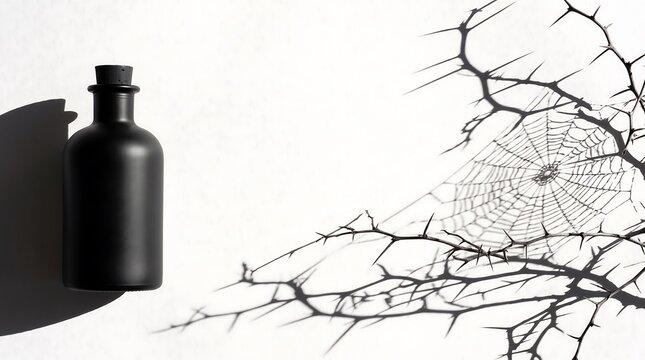 Minimalist Black Apothecary Bottle with Spiderweb Shadows on White Background