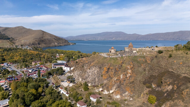 Sevan Lake and Sevanavank oldest church. Mountains country Armenia. Aerial view from above by drone. Stock Photo