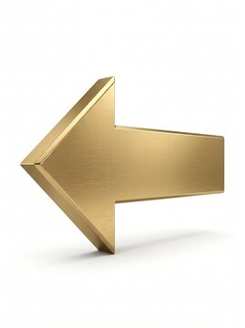 Bold metallic gold 3D arrow pointing left on a white background, representing navigation, direction, return, previous step, choice and backward movement.