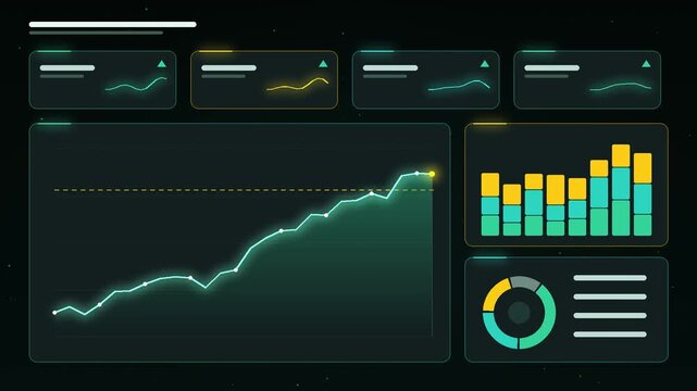 Business revenue growth motion graphics, glowing area chart rising toward target line with KPI cards, sparklines, stacked columns and donut chart, financial performance dashboard, text free template f