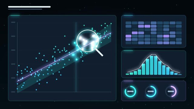 Research data analysis motion graphics, scatter plot with regression trend line and magnifying glass scanning data points, heatmap, histogram and progress rings, scientific statistics dashboard, text 