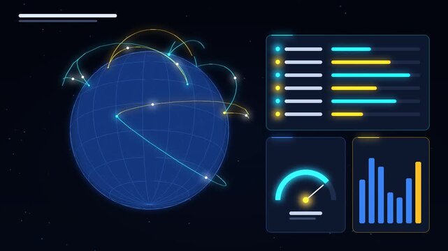 Global logistics network motion graphics, rotating wireframe globe with shipping routes and moving cargo packets, delivery tracking list, gauge and shipment chart, supply chain dashboard, text free te