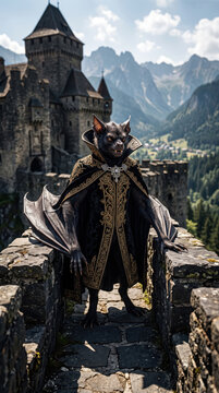 Anthropomorphic Vampire Bat in Ornate Gothic Robe Standing on Medieval Castle Ramparts