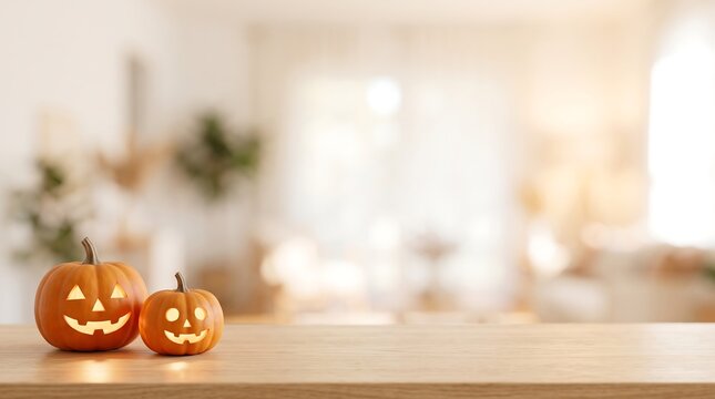 Minimalist Carved Pumpkins on Wooden Table with Bright Bokeh Background