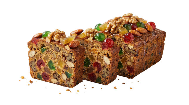 Delicious sliced fruitcake with nuts and candied fruits isolated on transparent background