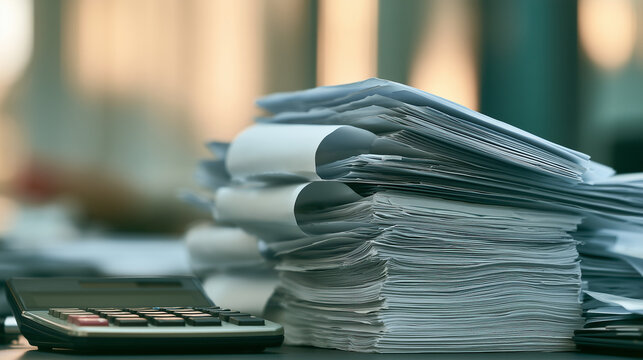 Paper receipts and calculator on a desk during expense reconciliation. Business expense tracking, bookkeeping, financial records and accounting concept.