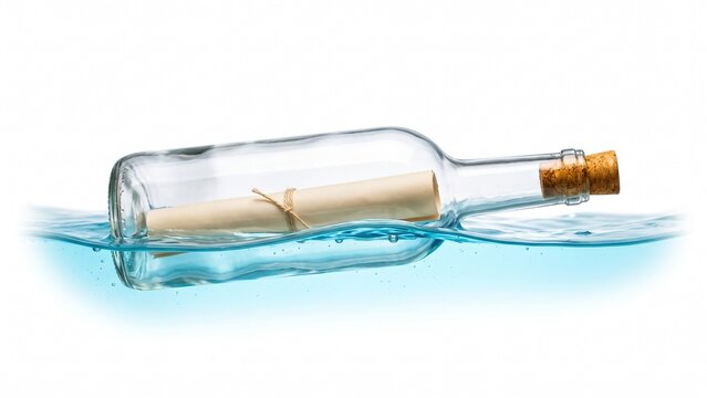 Glass bottle with rolled parchment message floating inside crystal clear water waves isolated on white background