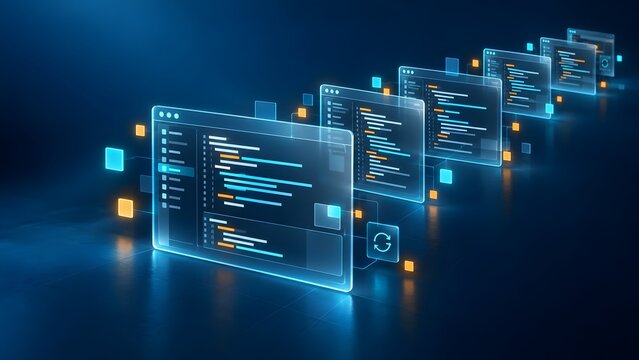 Sequential digital dashboards showing software programming code and data processing nodes
