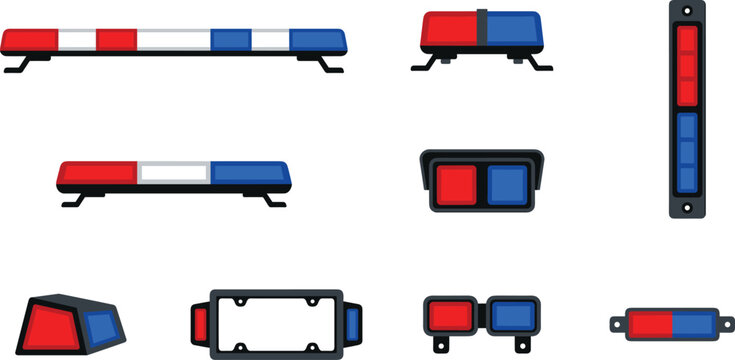 Emergency vehicle warning light bar icons set with red and blue strobe flasher signals for police carsEmergency vehicle warning light bar icons set 