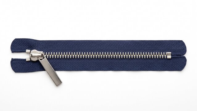Detailed close up studio studio shot of a dark blue metallic zipper isolated on white background