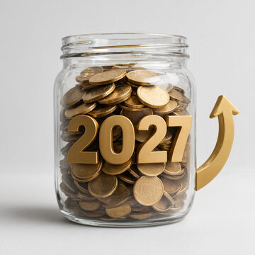 Glass jar filled with golden coins and the year 2027 with an upward trending arrow transparent background