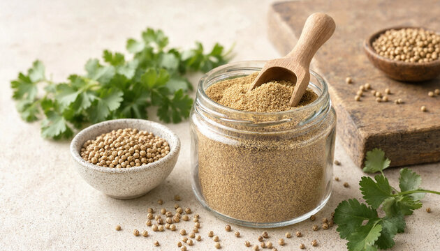 Glass jar of ground coriander powder with wooden scoop and fresh green cilantro leaves on a light rustic stone surface transparent background