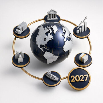 Global business and logistics concept with silver earth model and icons of commerce on white background transparent background