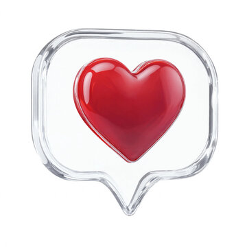 Glossy red heart icon centered inside a transparent glass speech bubble isolated on white background transparent background