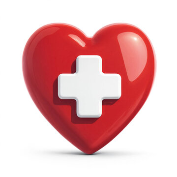 Glossy red heart shape with a white medical cross symbol illustration transparent background