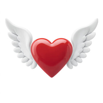 Glossy red heart with white angel wings isolated on white background transparent background