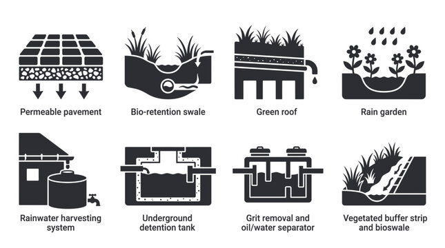 Sustainable urban drainage systems diagram. Eco-friendly stormwater management techniques. Permeable pavement, bio-retention swales, green roofs, rain gardens, infiltration trenches, detention.