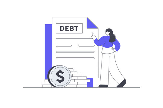 Debt Payoff Financial Settlement and Loan Repayment Document. Female Specialist Pointing at Debt Document Paper with Money Dollar Coins Stack. Flat Cartoon Vector Illustration, icon Stylish abstract 
